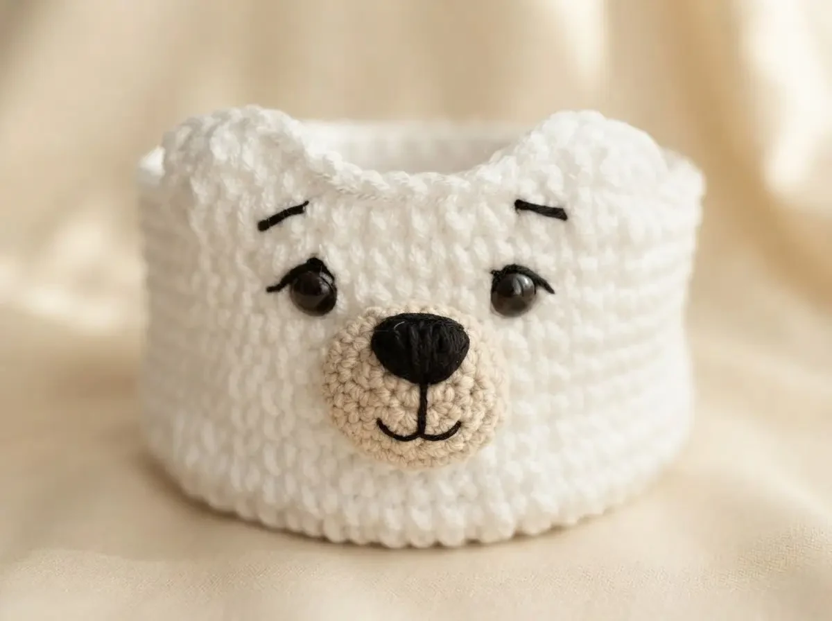 Detailed close-up of a white crochet bear basket face with rounded ears, beige muzzle, and black embroidered facial stitching.