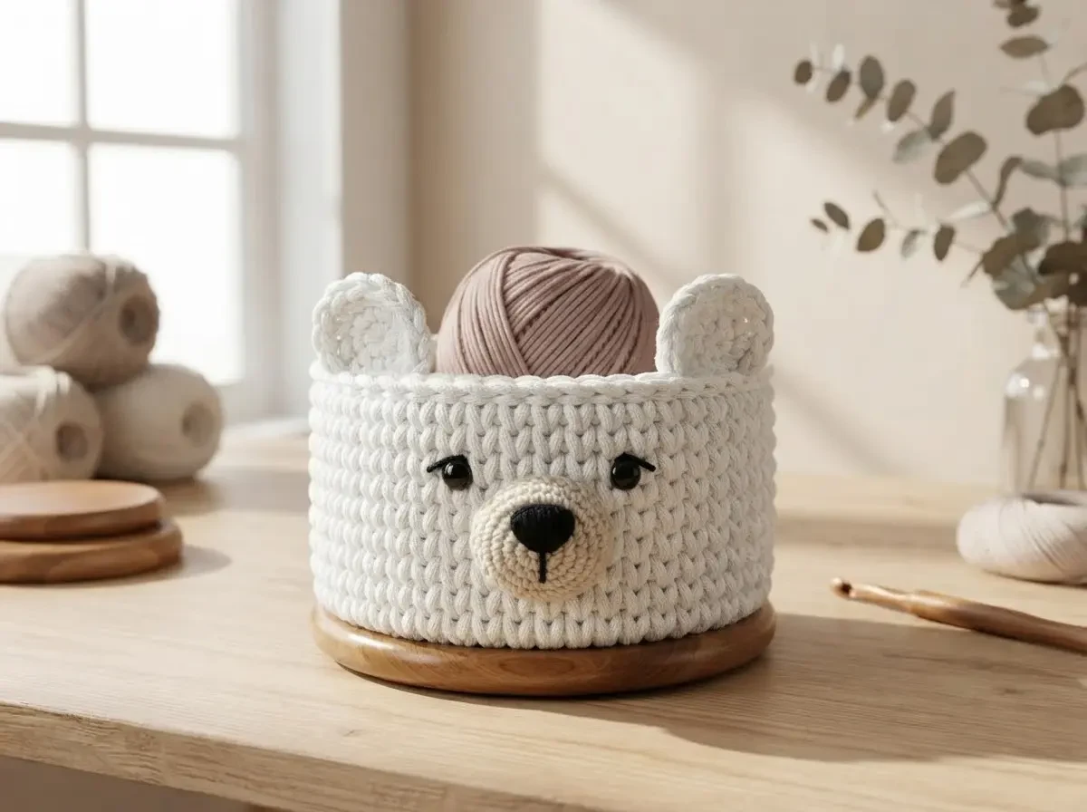 Completed white crochet teddy-bear yarn basket with pink yarn inside, on a wooden stand in warm natural light.