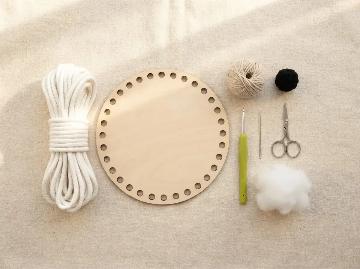Flat lay of bear-basket materials: a round pre-drilled wooden base, cotton cord, cream and black yarn, a crochet hook, yarn needle, scissors and stuffing.