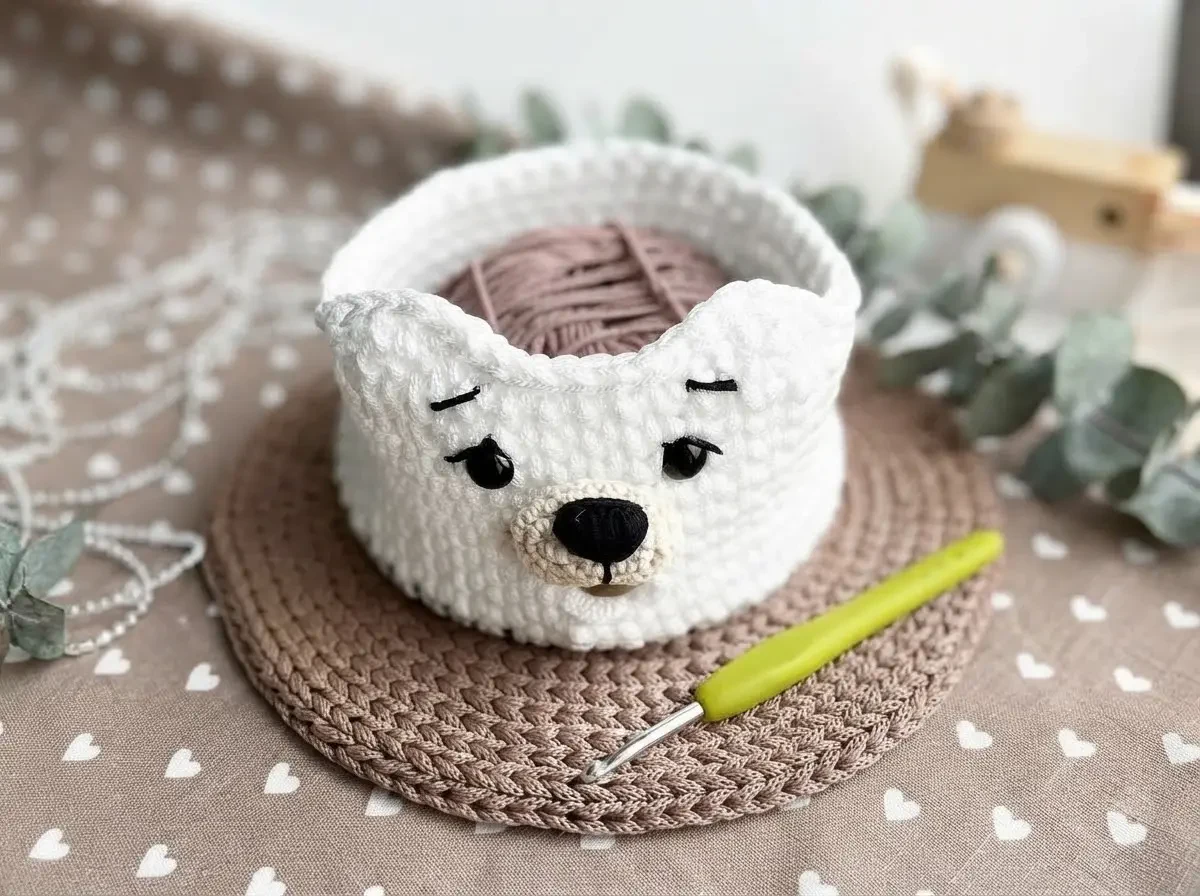 Finished white crochet bear yarn basket displayed on a round wooden tray with eucalyptus sprigs and a yellow crochet hook.