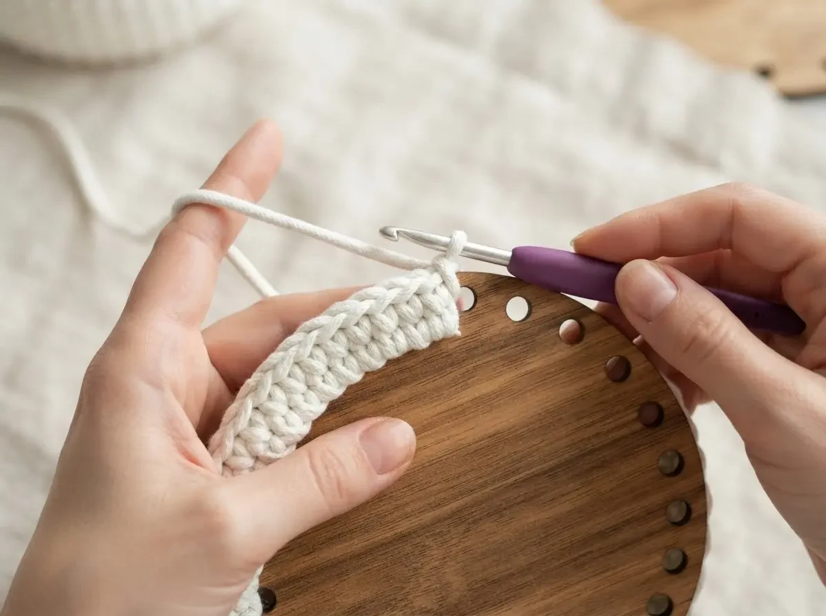 Hands crocheting white cord through the perimeter holes of a round wooden basket base with a purple hook.