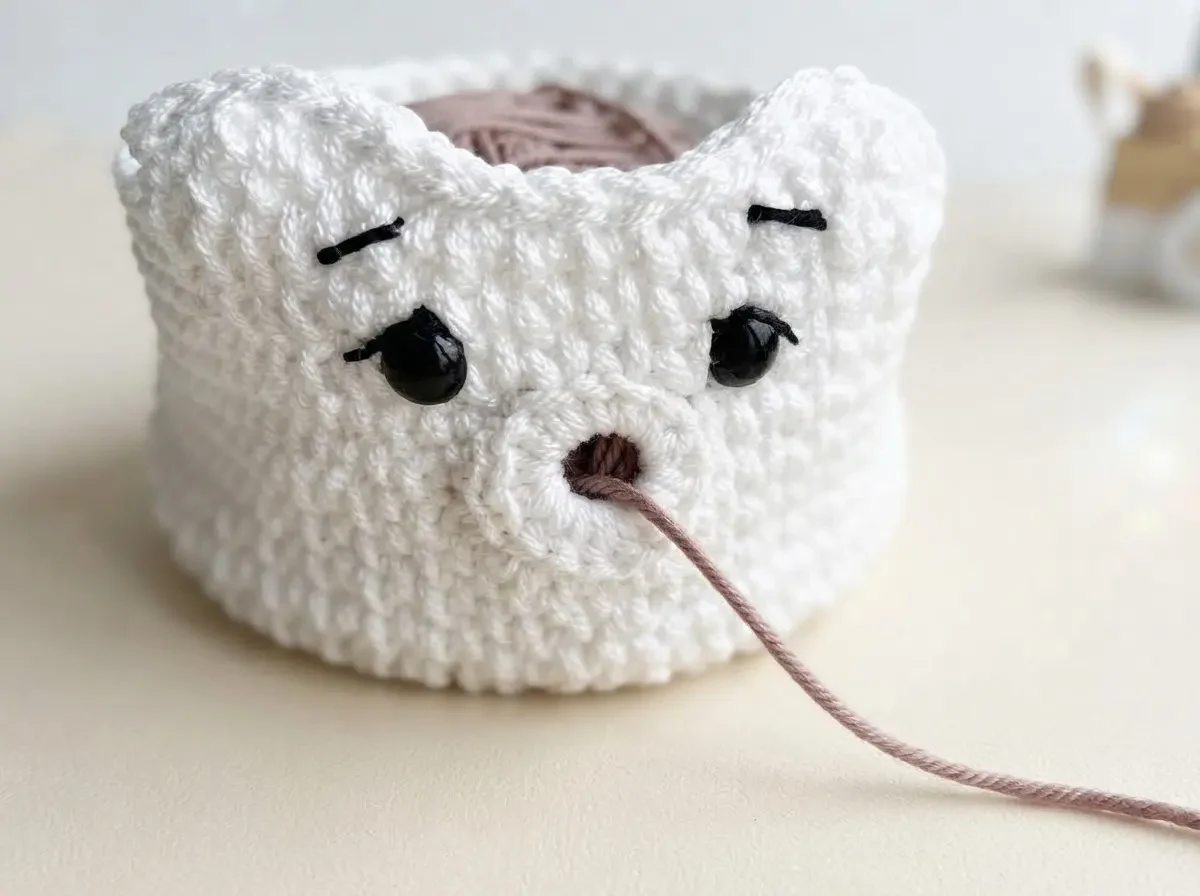 Close-up of a white crochet bear yarn basket with a strand of pink yarn trailing from inside, near the front of the basket.