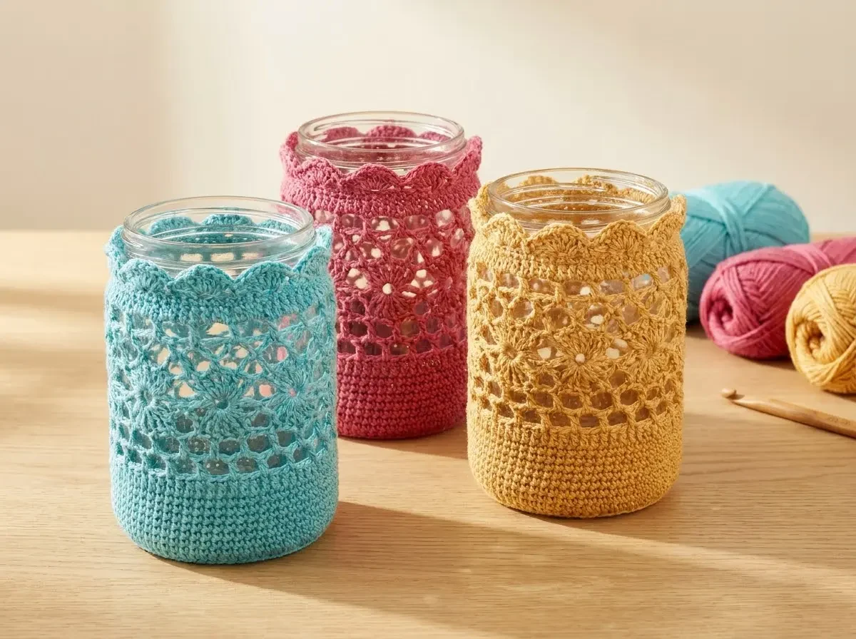 Three glass jars dressed in colorful crochet openwork sleeves in turquoise, pink and yellow, standing together with matching yarn balls and a wooden crochet hook.