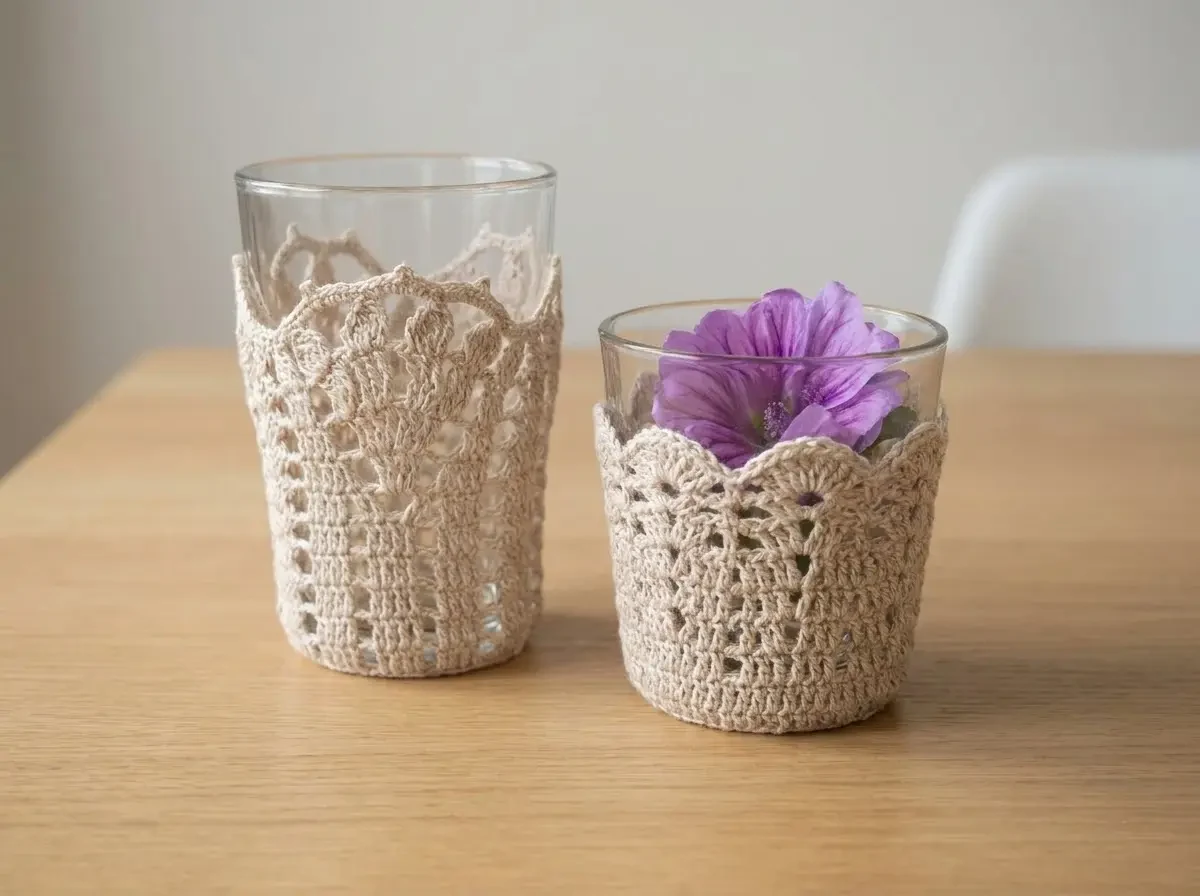 Two glasses wrapped in delicate beige crochet lace covers with scalloped openwork edges, one holding a purple flower, on a wooden table.