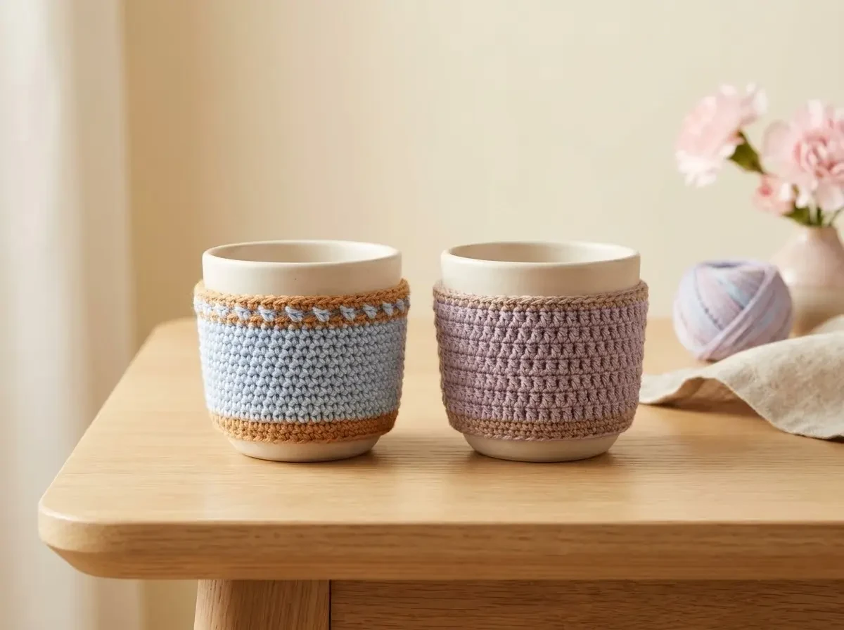 Two ceramic cups wrapped in soft pastel crochet cozies in dusty blue and lilac with a muted gold trim, beside pink carnations and a ball of yarn.