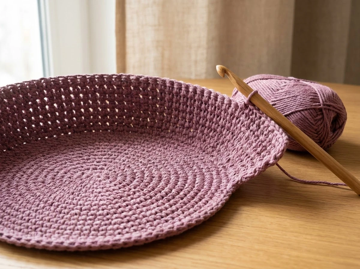 Crochet basket in progress showing a circular base and upright walls worked in thick cotton yarn.