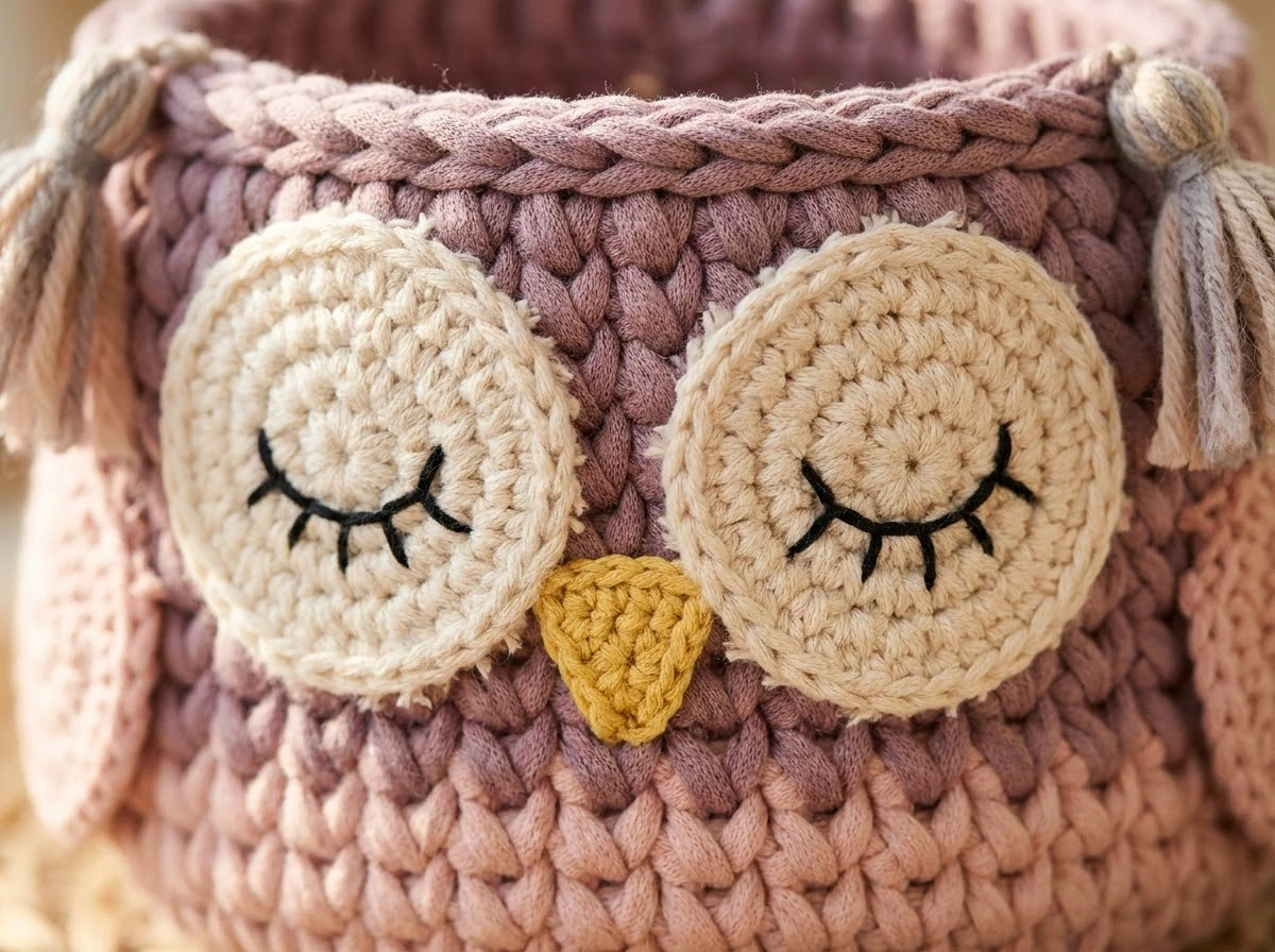 Close-up of a crochet owl basket's circular eyes, embroidered eyelashes and small yellow beak.