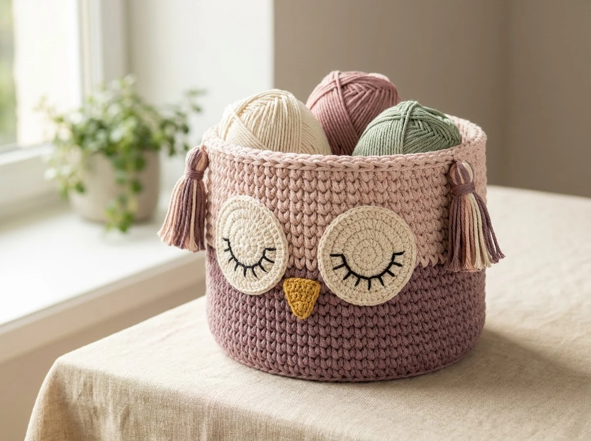 Finished pastel crochet owl storage basket filled with yarn in a cozy craft room.