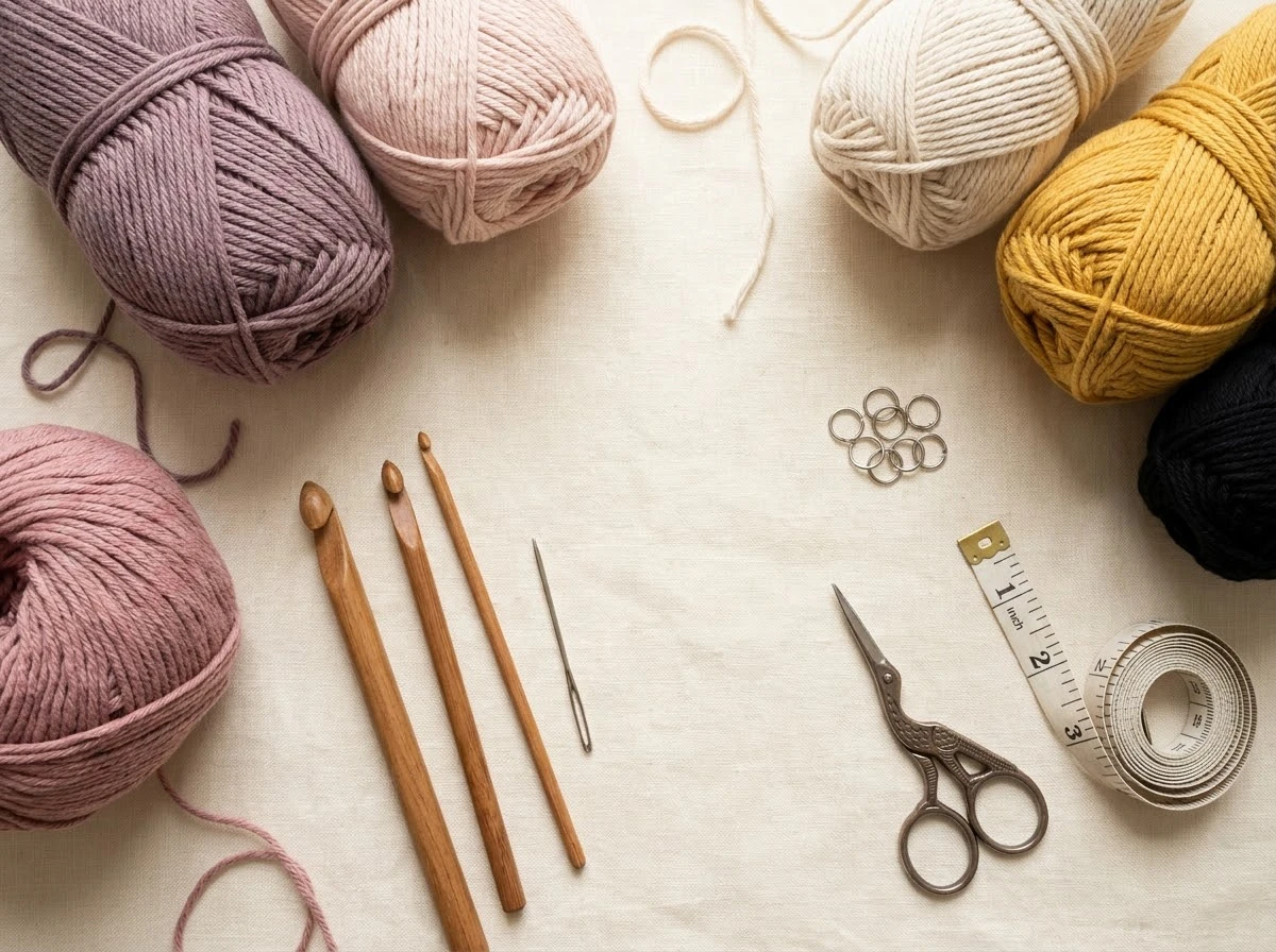 Cotton yarn in pastel colors arranged with crochet hooks, scissors, stitch markers and a yarn needle.