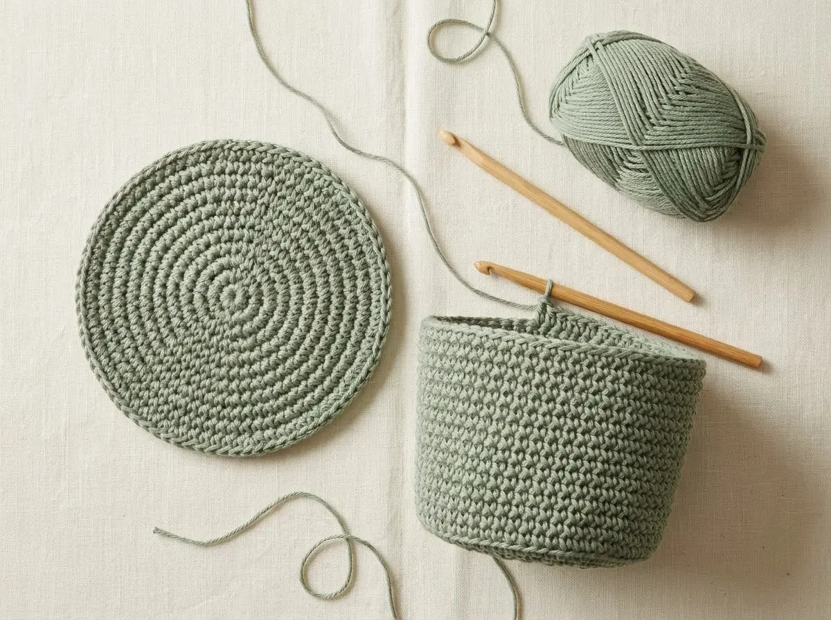 Crochet plant pot cover construction: a finished circular sage-green base beside a partially worked sidewall, with yarn and two crochet hooks.
