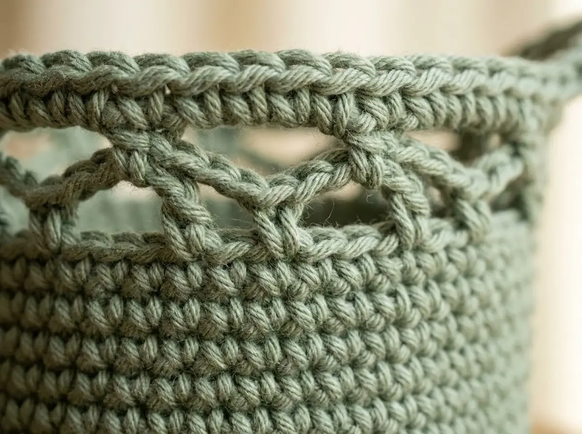 Close-up of sage-green crochet stitches and a decorative openwork loop rim on a plant pot cover.