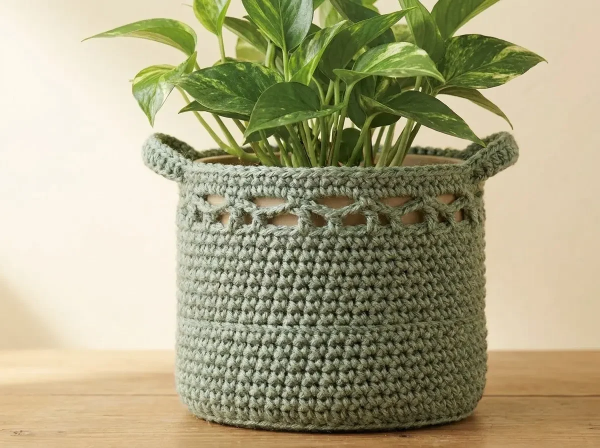 A compact sage-green crochet plant pot cover with a textured body and delicate openwork rim, holding a pothos plant.