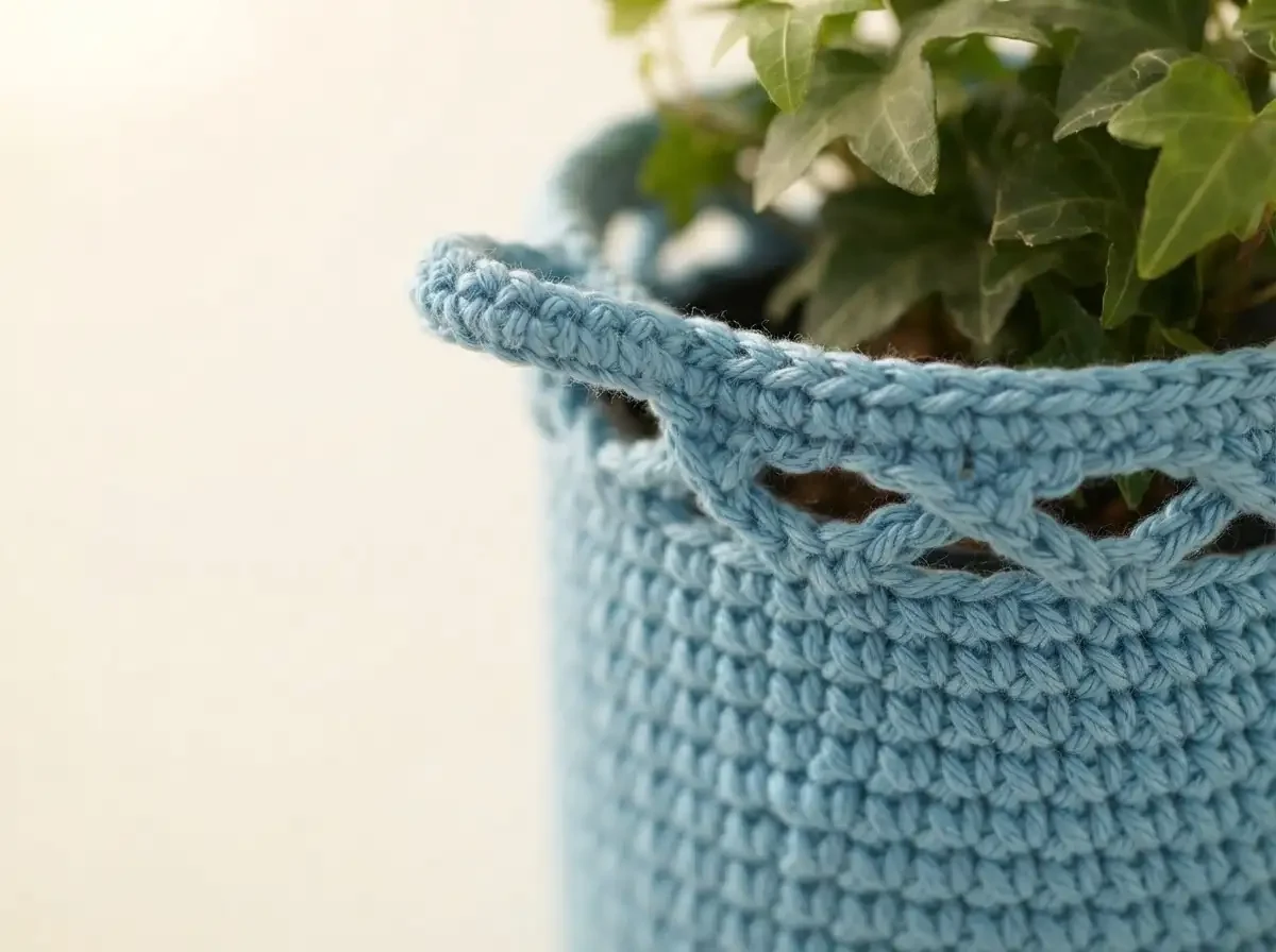 Close-up of a blue-green crochet plant pot cover rim with openwork and small decorative loops, beside ivy leaves.