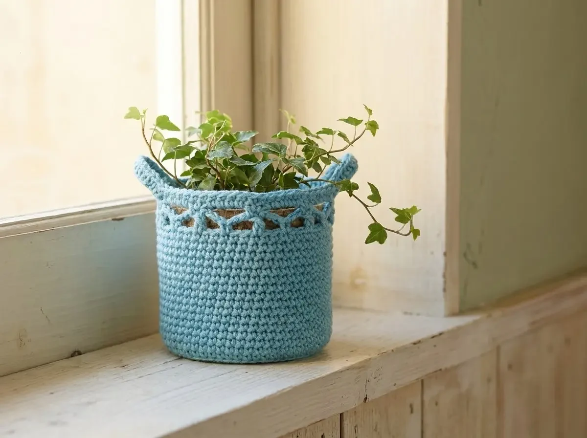 A taller blue-green crochet plant pot cover with a textured lower section and openwork upper rim, holding a trailing ivy plant on a windowsill.