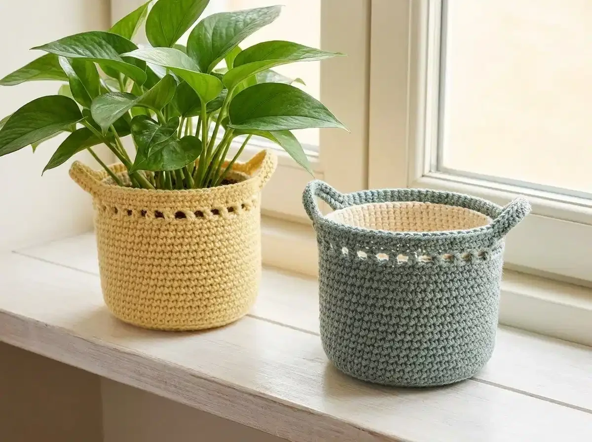 Two finished crochet plant pot covers, yellow and blue-green, styled with houseplants near a window beside books and a vase.