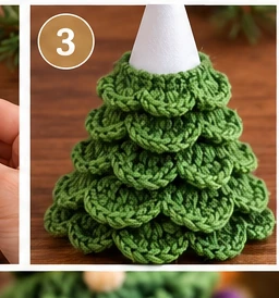 CrochetSmith illustration of several scalloped trim bands stacked and overlapped to build up the tree's cone shape.