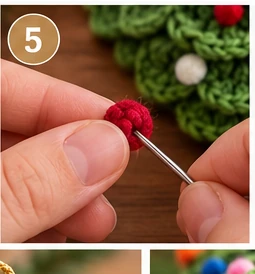 CrochetSmith illustration of a small red pom-pom accent being stitched onto the crocheted tree layers.