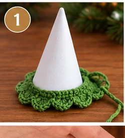 CrochetSmith illustration of the first scalloped trim band being started around the base of a foam cone.