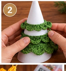 CrochetSmith illustration of a second scalloped trim band being wrapped and overlapped over the first, partway up the cone.