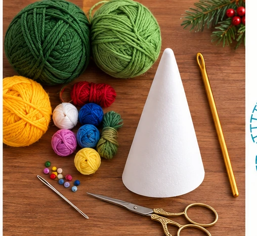 CrochetSmith illustrated materials layout showing green and gold yarn, a foam cone, a crochet hook, scissors, a tapestry needle and small beads for a Christmas tree ornament.