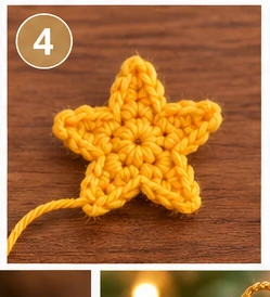 CrochetSmith illustration of the finished five-point crochet star topper, worked separately in gold yarn.