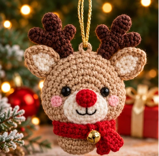 Illustrative concept image of a crochet reindeer ornament with a red nose, brown antlers, cream muzzle, and a red scarf with a small bell.