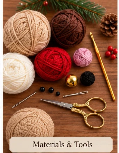 Illustrative materials flatlay showing tan, brown, cream, red and pink yarn, a small gold bell, black beads for eyes, a crochet hook, a tapestry needle, and small scissors.