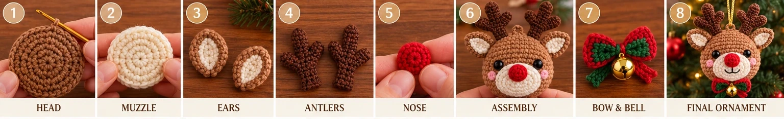 Illustrative process collage showing eight conceptual stages: the head foundation, the muzzle, two ear pieces, two antler pieces, the nose, the pieces assembled onto the head, a bow and bell added, and the finished ornament. These are concept illustrations, not photographs of a documented, tested process.