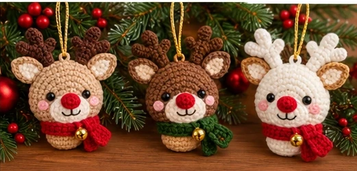 Illustrative concept image of three reindeer ornament color variations side by side: tan with a red scarf, dark brown with a green scarf, and cream with a red scarf.