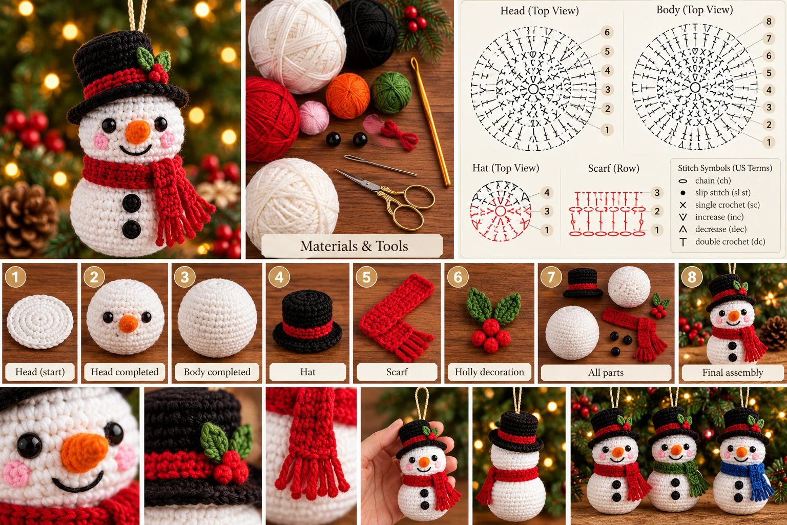 AI illustration collage of a crocheted snowman ornament's components: a materials flatlay, conceptual round charts for the head and body with a stitch-symbol legend, and a side-view chart for the hat and scarf.