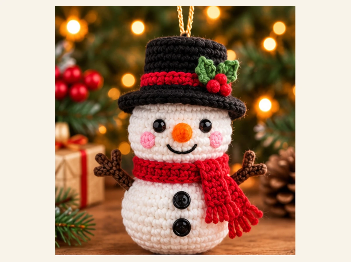 AI illustration of a crocheted snowman ornament with a black top hat with red band and holly, an orange nose, a red scarf, and black buttons, hanging on a Christmas tree.