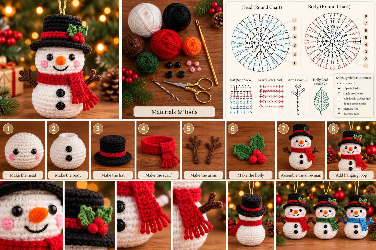 AI illustration collage showing a conceptual eight-step crochet snowman ornament assembly sequence: head, body, hat, scarf, arms, holly accent, assembled snowman, and finished ornament with hanging loop.