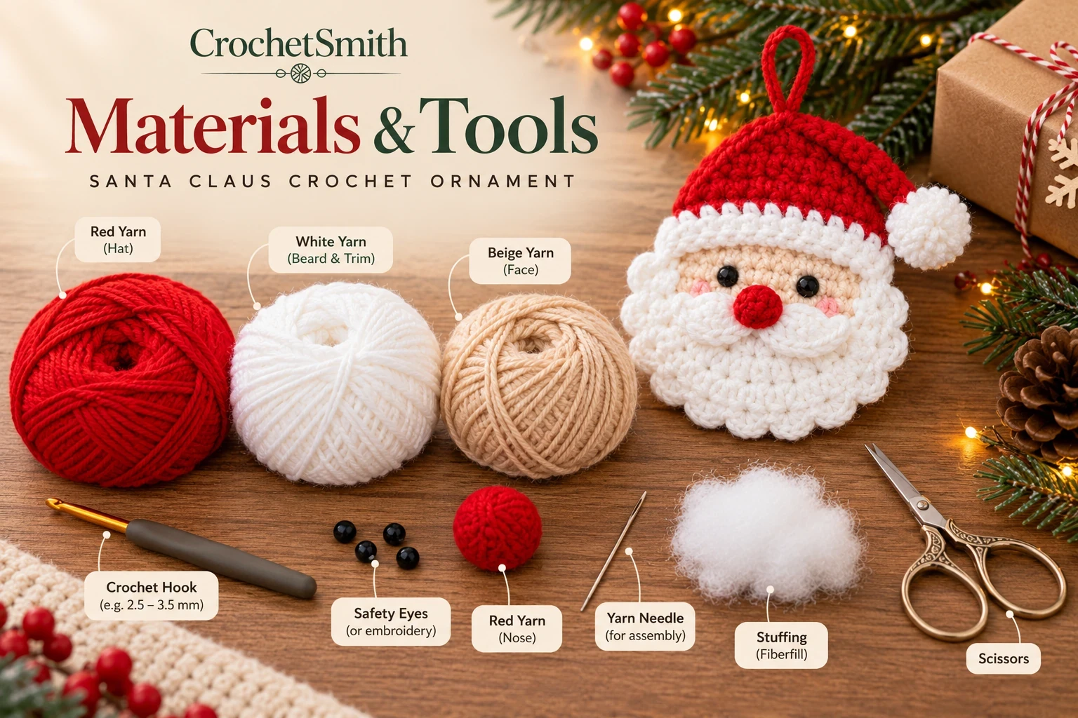 CrochetSmith illustrated materials layout showing red, white and beige yarn, a crochet hook, safety eyes, a red yarn nose, a needle, stuffing and scissors for a Santa ornament.