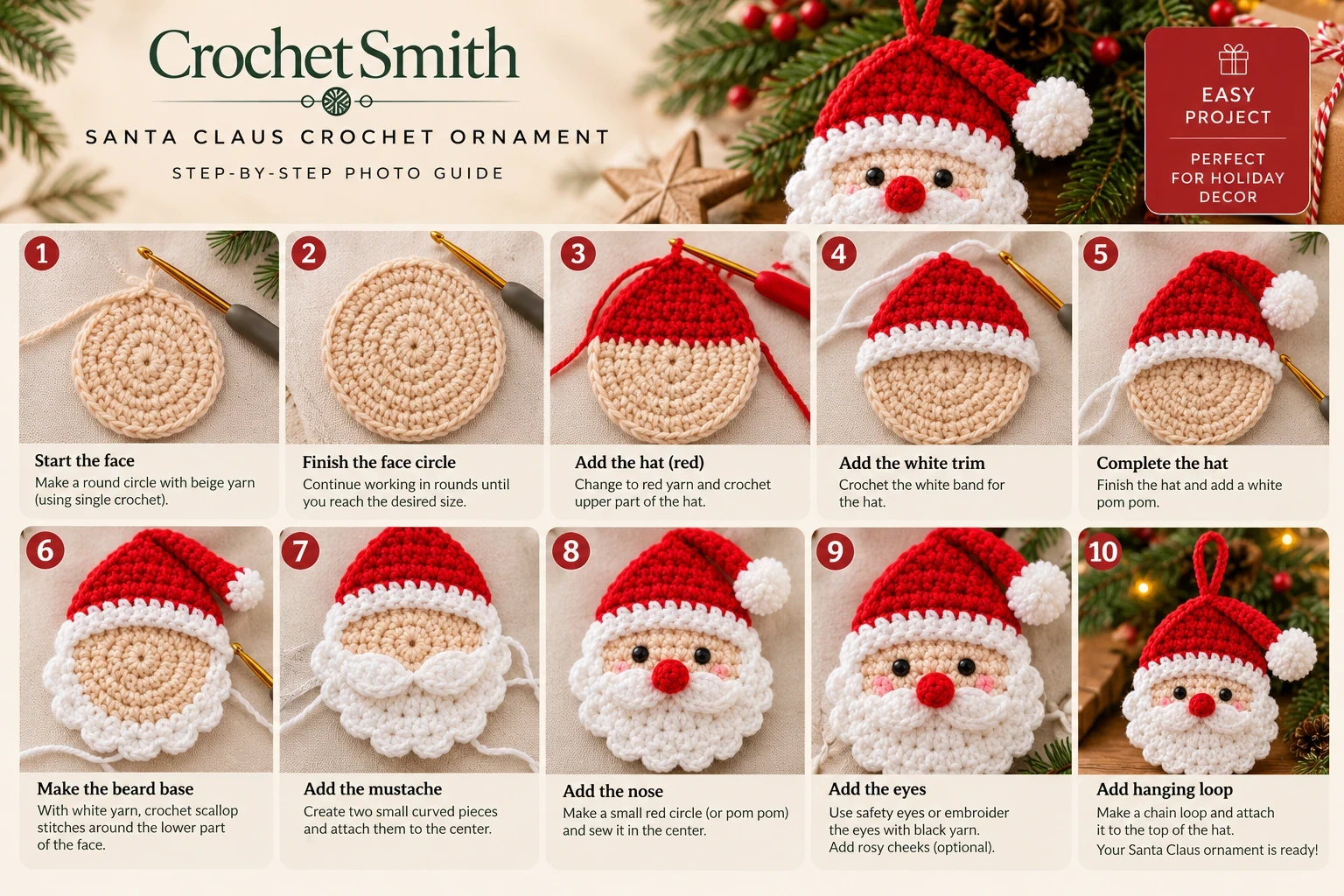 Illustrated ten-step sequence of a crochet Santa Claus ornament's construction, from the beige face circle through the red hat, white beard, mustache, nose, eyes and hanging loop.