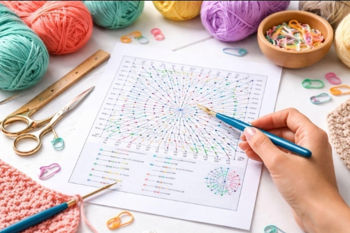 A hand holding a crochet hook while following a colorful, detailed radial crochet chart