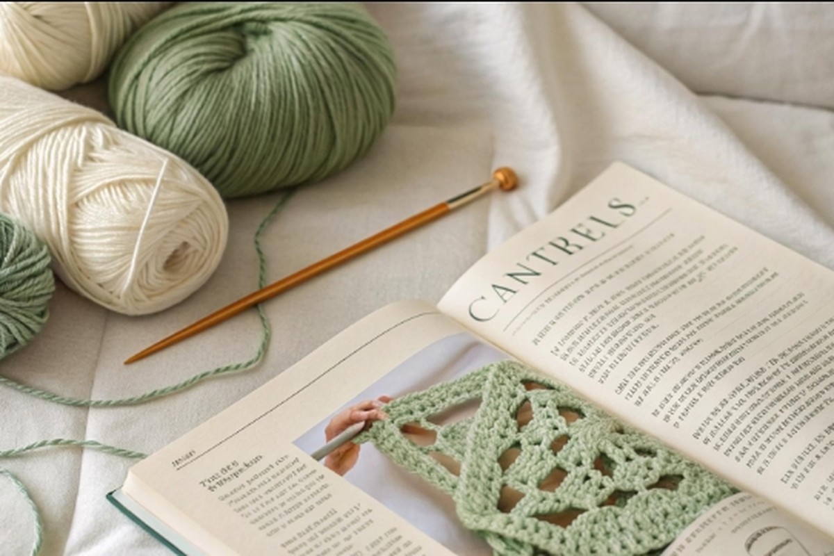 Checking a crocheted motif against a pattern book open on the table