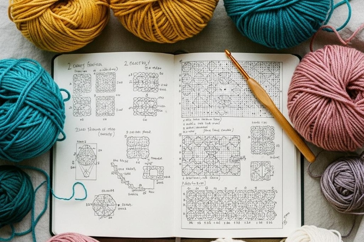 An open notebook of hand-drawn crochet chart diagrams with no English text, surrounded by balls of yarn