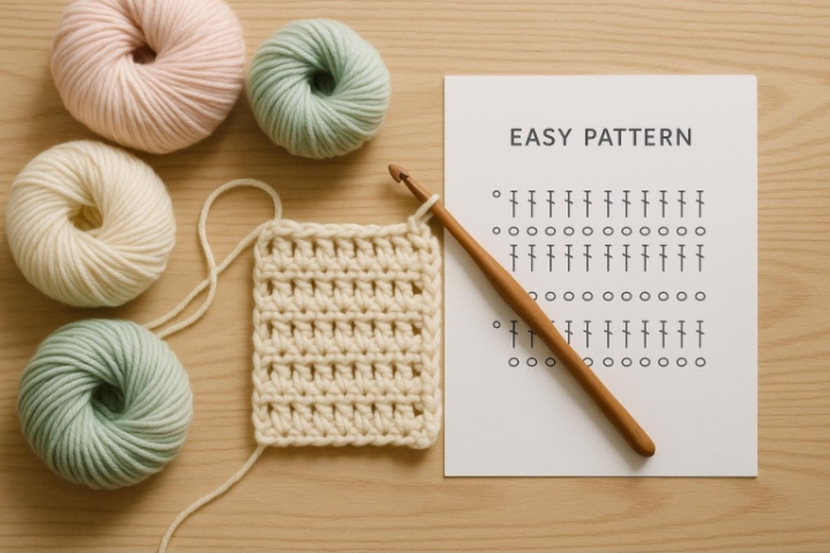 Balls of yarn, a crochet swatch and a wooden hook beside a simple printed chart of basic crochet symbols