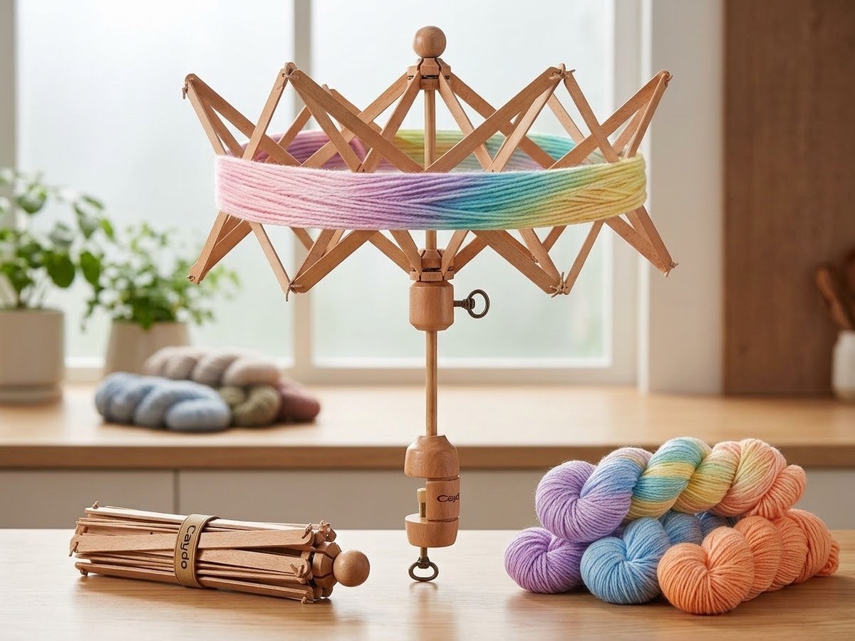A beech wood umbrella yarn swift open on a table with pastel rainbow yarn wound around its rungs, the folded swift and skeins of yarn beside it.