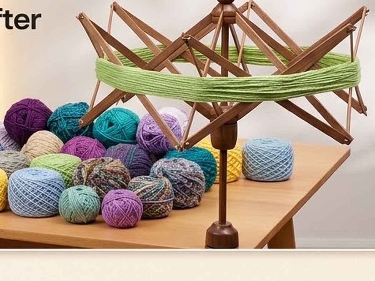 A hank of green yarn wound around the open Caydo swift, beside a pile of finished yarn balls in various colours on a table.