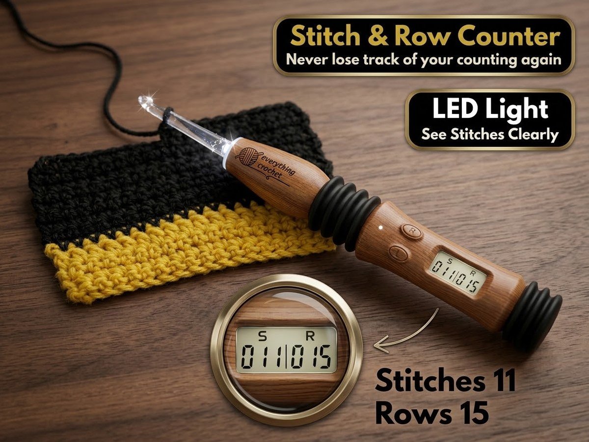 A close-up of the handle’s digital display reading a stitch count of 11 and a row count of 15, with the hook’s tip lit beside a black-and-yellow crochet swatch.
