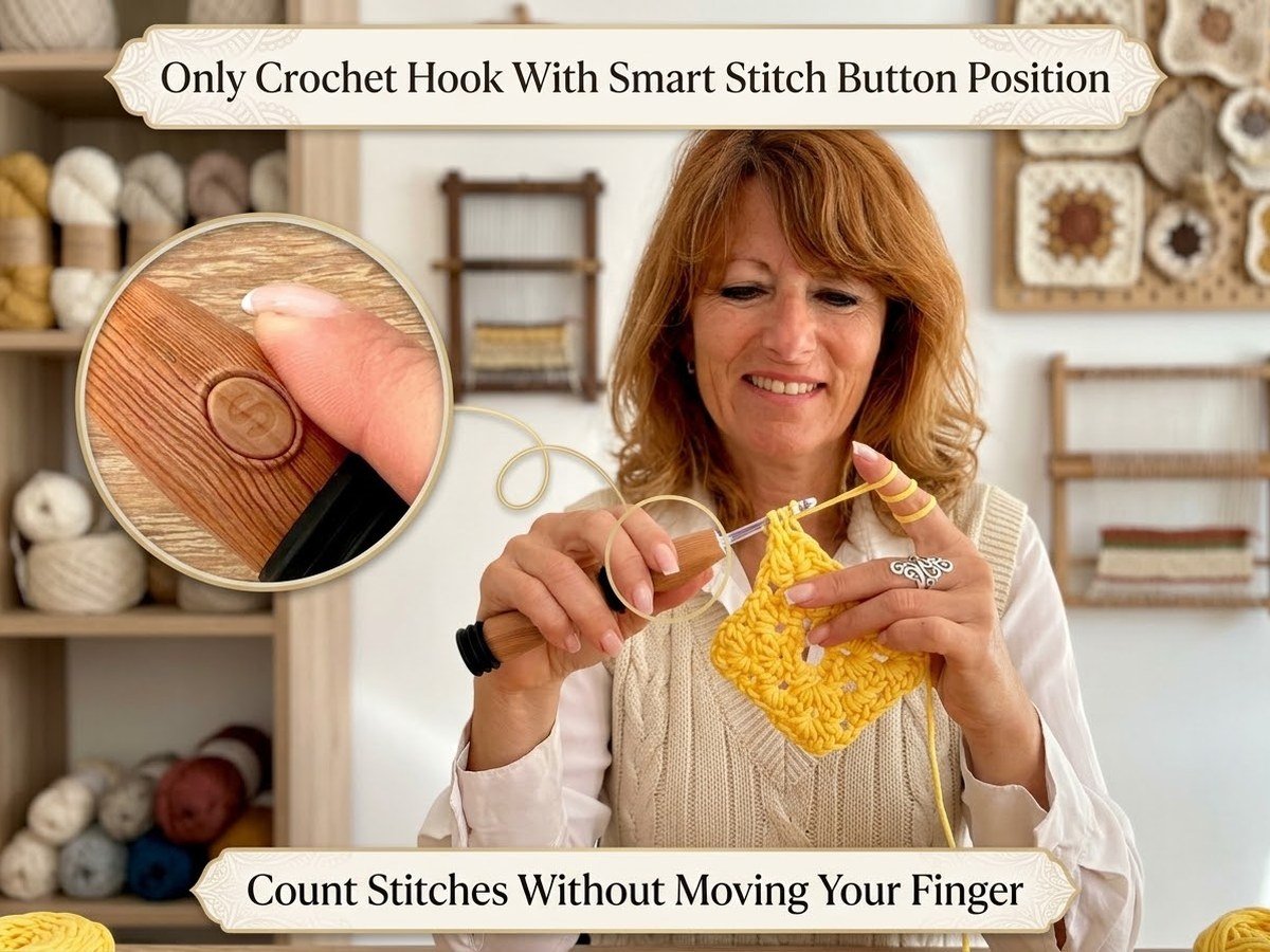 A crocheter holding the handle while working a yellow granny square, with a close-up inset showing a thumb resting on the handle’s stitch-count button.