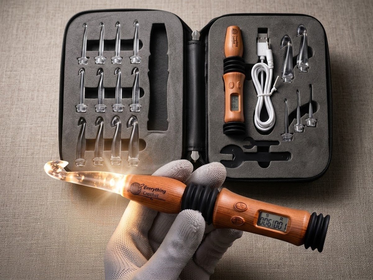 The hook set’s wooden handle, lit at the tip, held in a hand beside the open case with its 17 clear interchangeable hook heads, a charging cable and a small wrench.