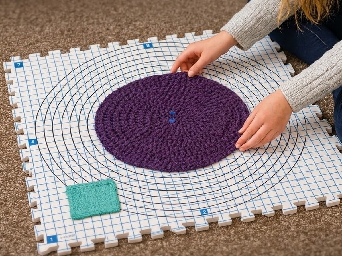A purple circular crochet piece pinned at its center to an assembled surface of KnitIQ foam blocking mats, printed with a blue square grid and black concentric circular guide lines.