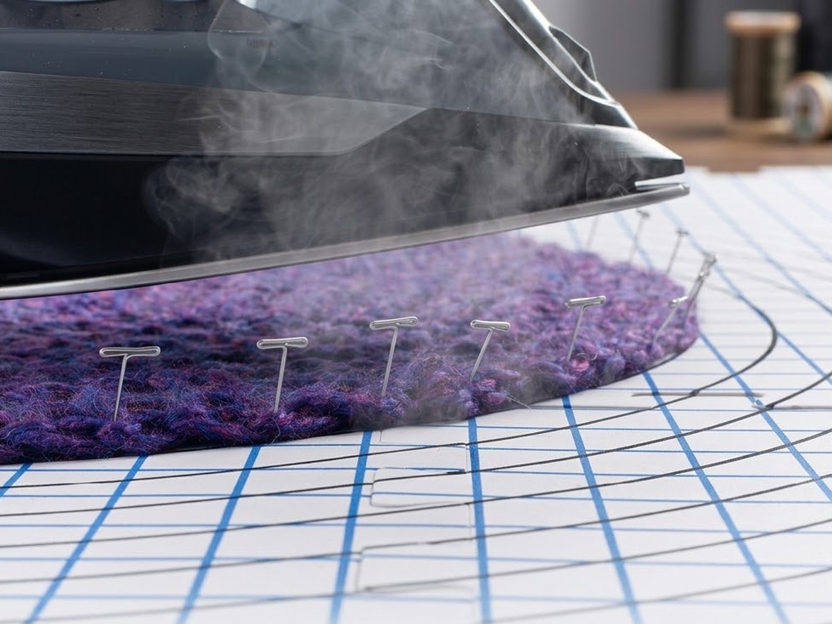 A close-up of an iron releasing steam above a purple crocheted piece pinned with T-pins to the KnitIQ foam mats, with the printed grid and circular guide lines visible beneath.