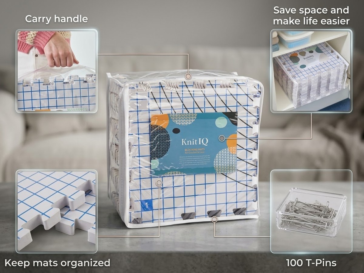 The KnitIQ mats stacked and packed into their clear carry bag on a table, with labelled close-up insets showing the carry handle, the bag stored on a shelf, the interlocking mat edges and the box of 100 T-pins.
