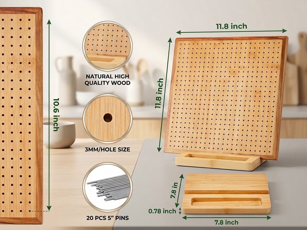 A manufacturer graphic showing the OAKWOOMA board’s dimensions labelled at 11.8 by 11.8 inches, a 3 mm hole size, and the separate storage base at 7.8 by 7.8 by 0.78 inches, beside a bundle of 20 pins.