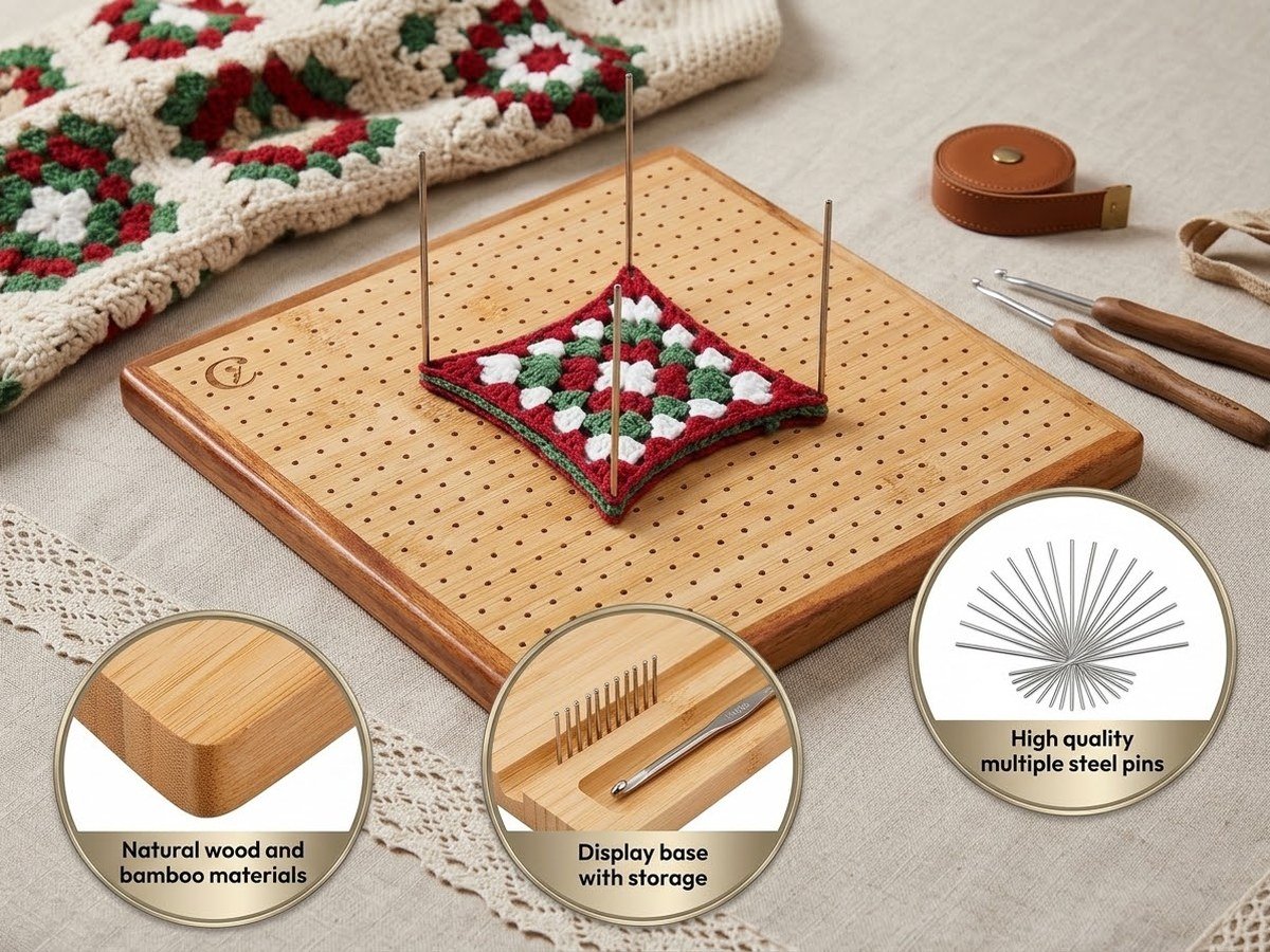 A single red, white and green granny square pinned to the OAKWOOMA board with steel pins, with close-up insets of the bamboo edge, the pin-storage base and a fan of pins.