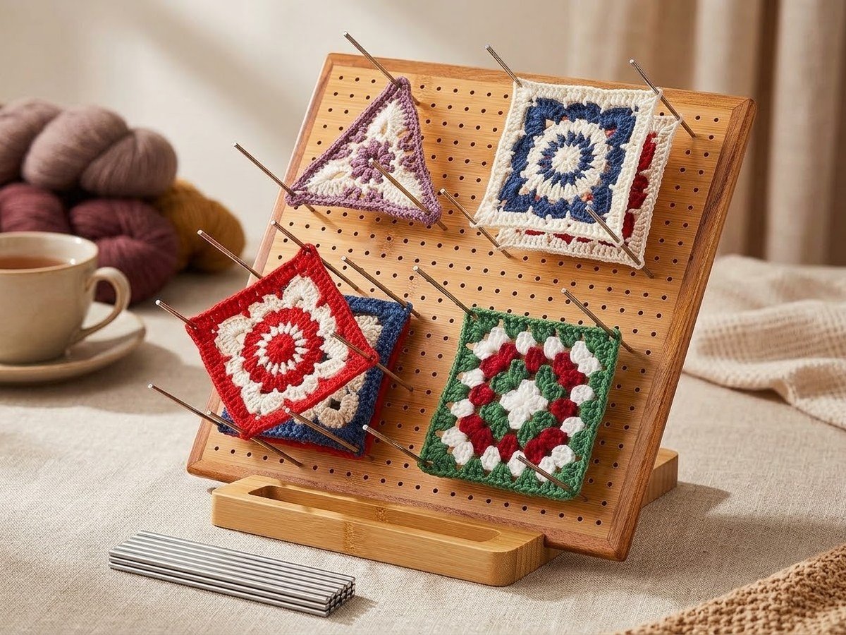 OAKWOOMA crochet blocking board propped at an angle with four pinned crochet motifs — a triangle and three granny squares — beside yarn skeins, a teacup and the pin storage base.