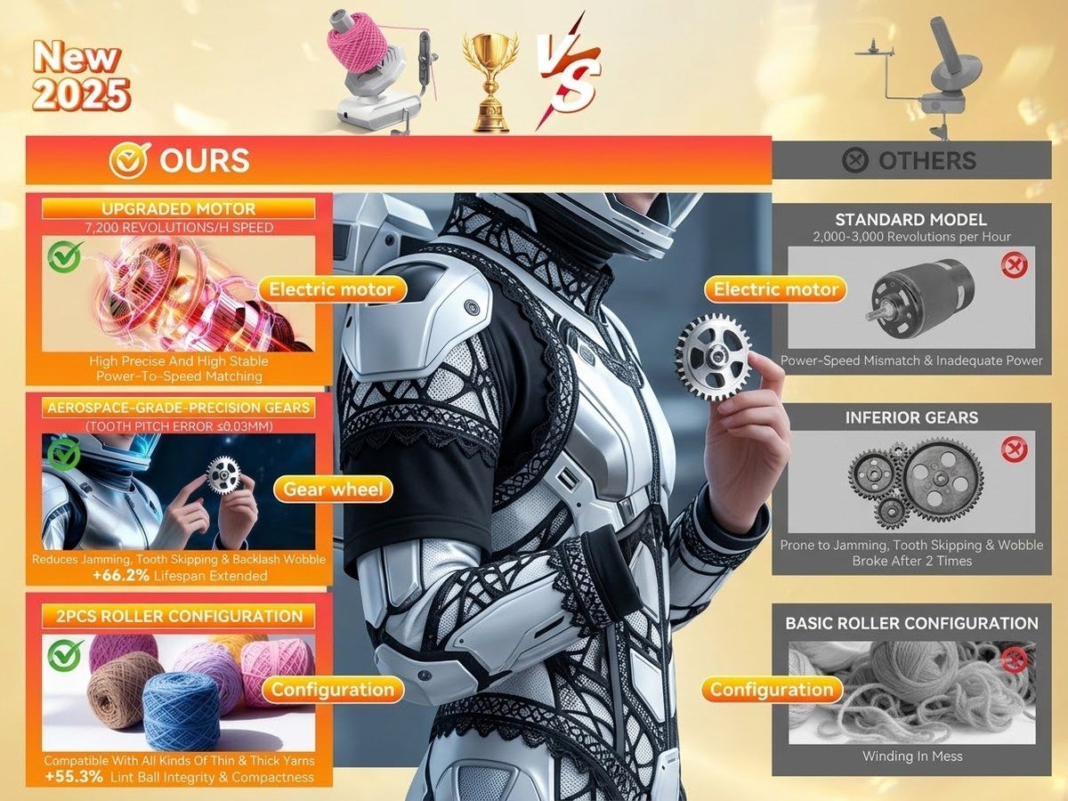 A manufacturer comparison chart contrasting the winder’s motor, gears and roller configuration against an unnamed standard model, illustrated with a figure in futuristic armour holding a gear.